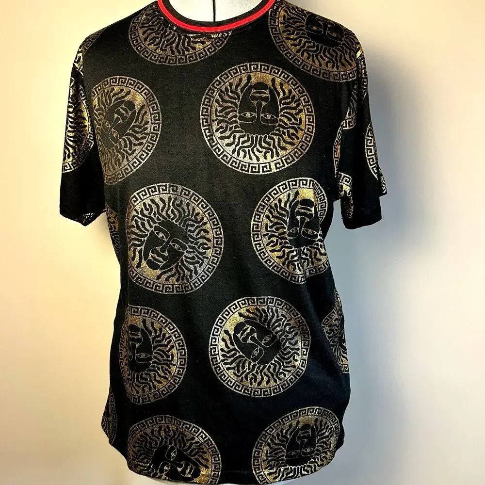 Festival Concert shirt Short Sleeve Metallic Gold Medusa Design Snake charmer